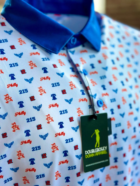 Front view of The Philly Phrenetic golf polo, featuring a retro baseball-inspired design with bold Philadelphia-themed details, breathable fabric, and a sleek athletic fit, perfect for golf lovers and sports fans alike.