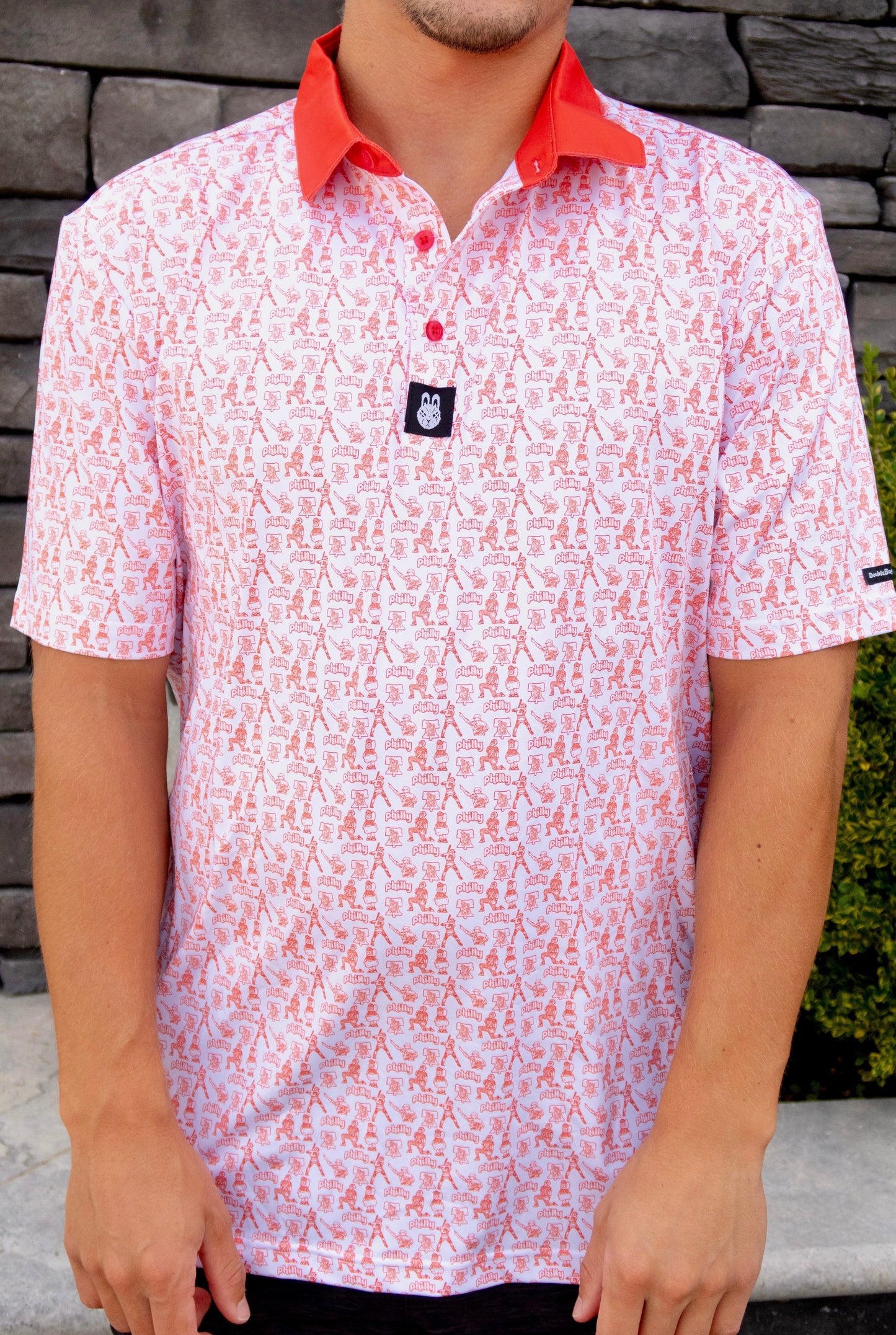Front view of The South Philly Sandlot golf polo with Philadelphia baseball-inspired style and performance fit
