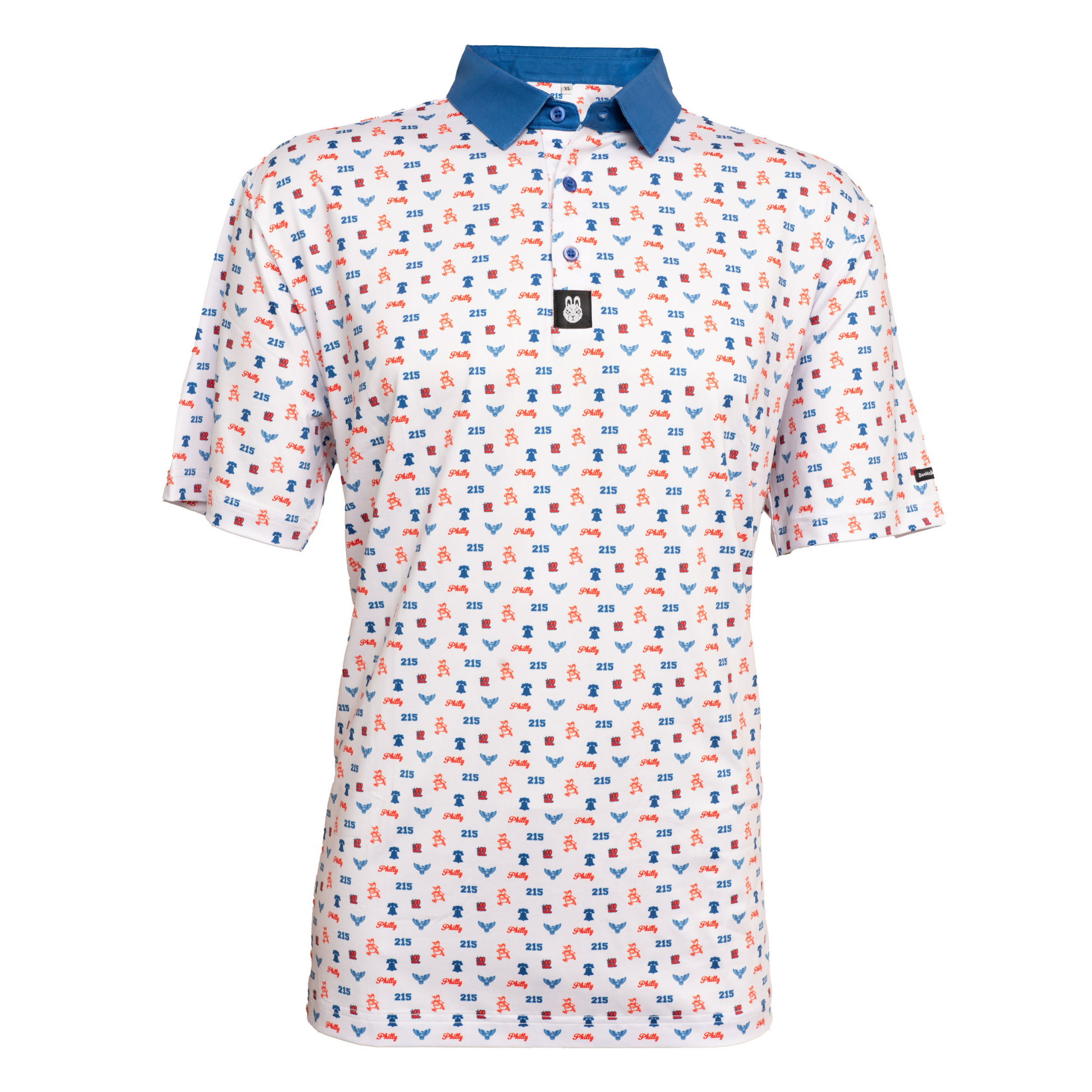 Front view of The Philly Phrenetic golf polo, featuring a retro baseball-inspired design with bold Philadelphia-themed details, breathable fabric, and a sleek athletic fit, perfect for golf lovers and sports fans alike.
