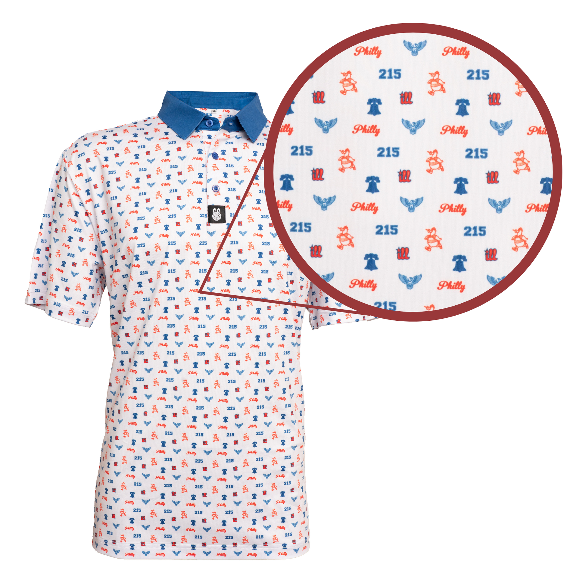 Close-up of The Philly Phrenetic golf polo fabric, highlighting its moisture-wicking, breathable texture and intricate Philadelphia-inspired design details, perfect for performance and style on the course.