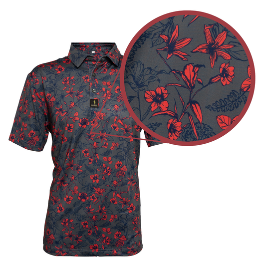 Close-up of the fabric of Vice City men’s golf polo – breathable, moisture-wicking material designed for flexibility, comfort, and performance on the course.
