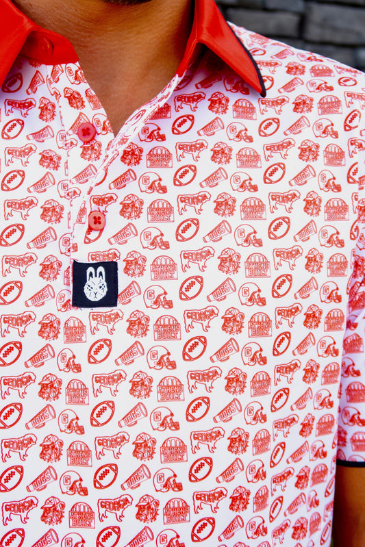 Close-up of Georgia Bulldogs Saturdays in Athens golf polo fabric, buttons, and stitching in red and black colors