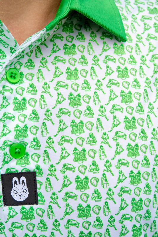 Close-up front view of Birds & Bogeys golf polo with Philadelphia-inspired style and performance fabric details