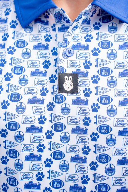Close-up of the blue and white Happy Valley game day golf polo showing fabric texture and detailed stitching