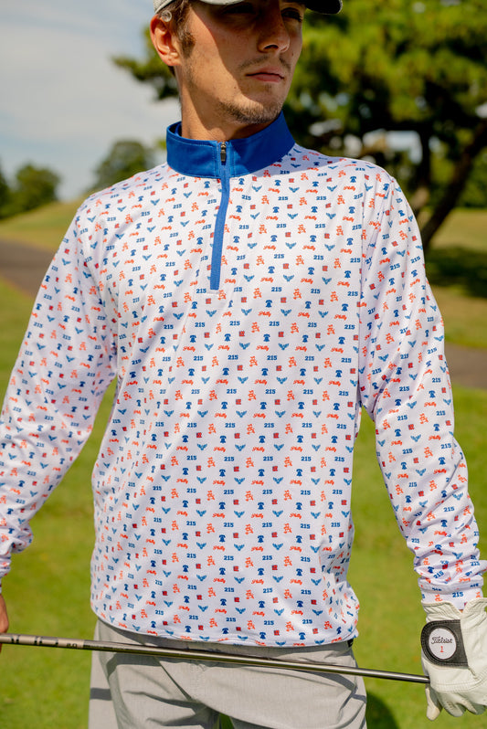 Front view of The Phrenetic Zip men’s quarter zip in Philly-inspired colors, featuring lightweight performance fabric and bold streetwear energy.