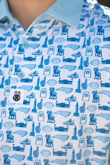 Close-up of Chapel Hill Hangtime golf polo fabric and design details highlighting quality stitching, texture, and subtle MJ-inspired elements.