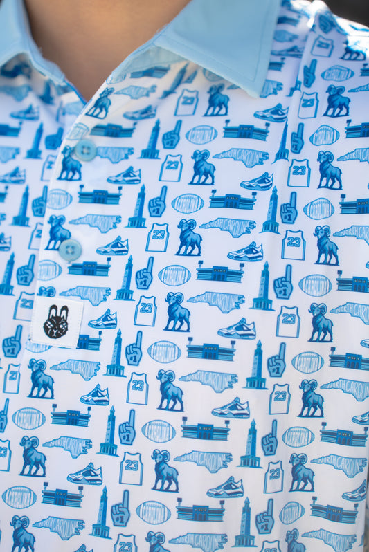 Close-up of Chapel Hill Hangtime golf polo fabric and design details highlighting quality stitching, texture, and subtle MJ-inspired elements.