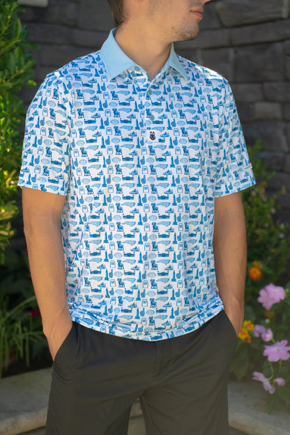 Front view of the Chapel Hill Hangtime men’s golf polo, UNC-inspired design with blue tones and performance fit for golfers and fans.