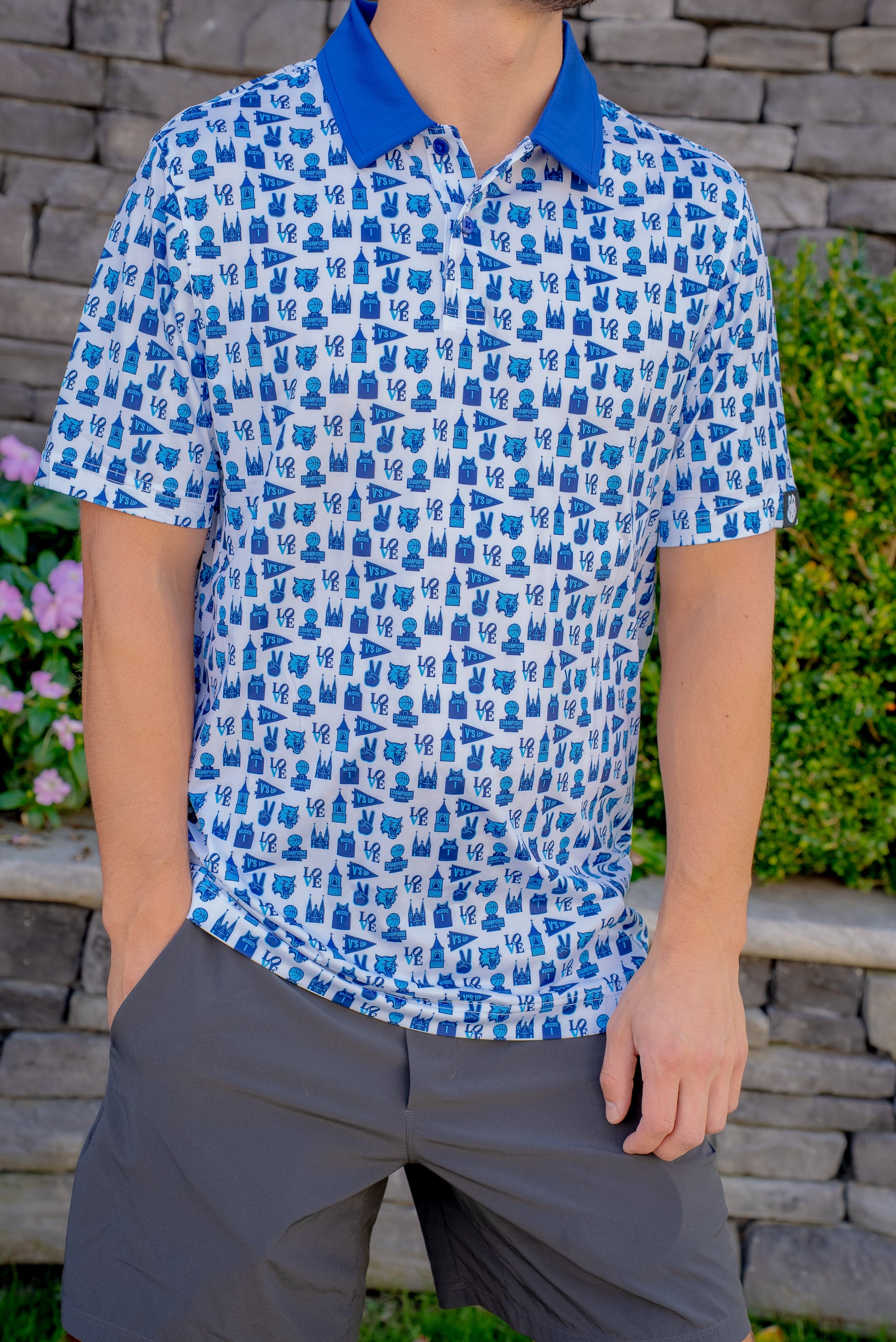 Front view of the Villanova Main Line Madness men’s basketball golf polo featuring bold Villanova-inspired design and Main Line colors.