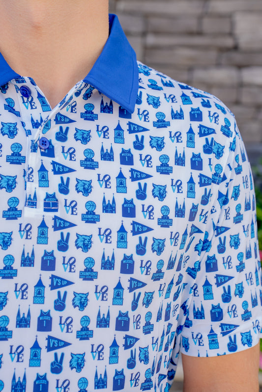 Close-up view of the Villanova Main Line Madness men’s basketball golf polo showing detailed stitching and smooth performance fabric texture.