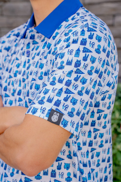 Side angle of the Villanova Main Line Madness men’s basketball golf polo highlighting athletic fit and sleeve design.