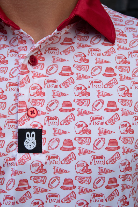 Alabama University inspired golf polo close-up front – detailed buttons and stitching